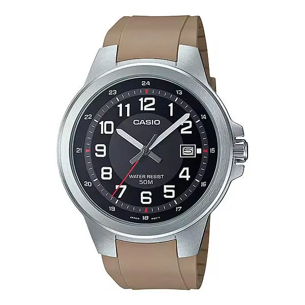 MTP-E190-1BV 46mm Black Dial Khaki Resin Strap Quartz Men`s Watch by Casio