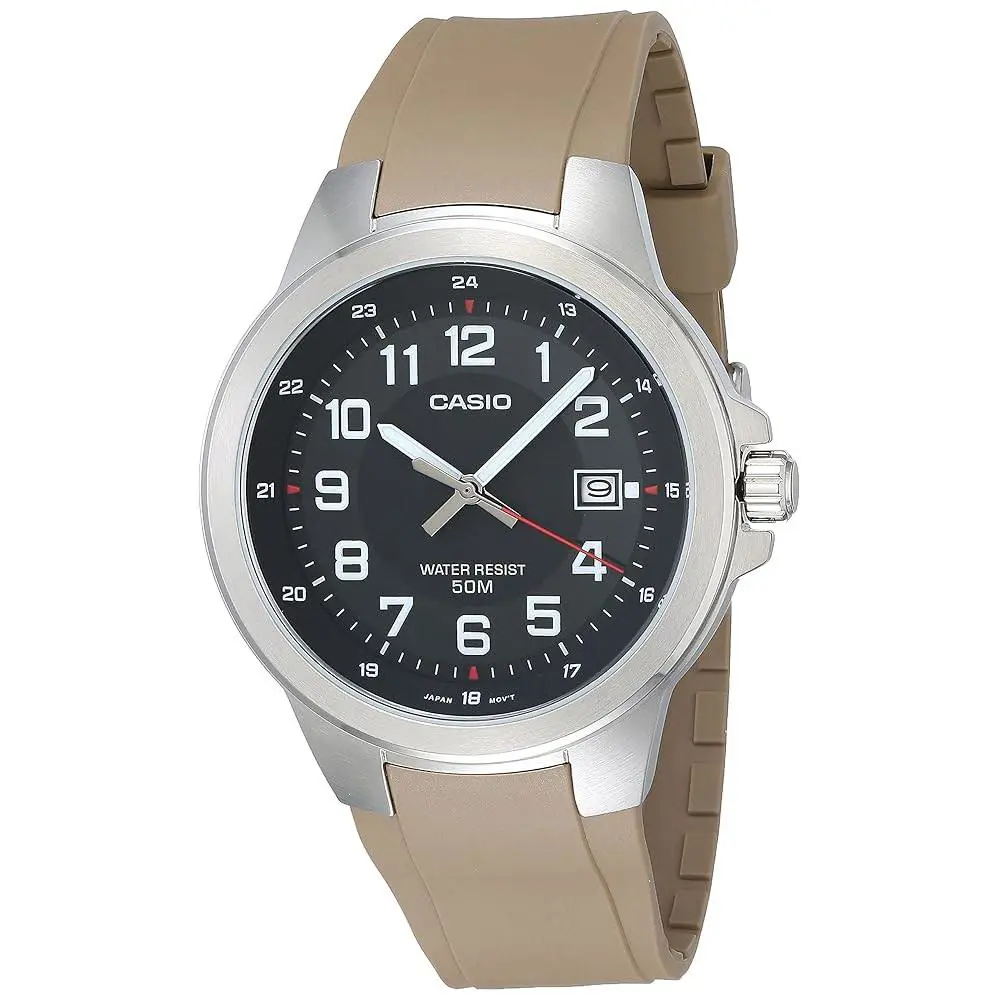 Casio Men`s Quartz Date Khaki Resin Black Dial 46mm Watch MTPE190-1BV