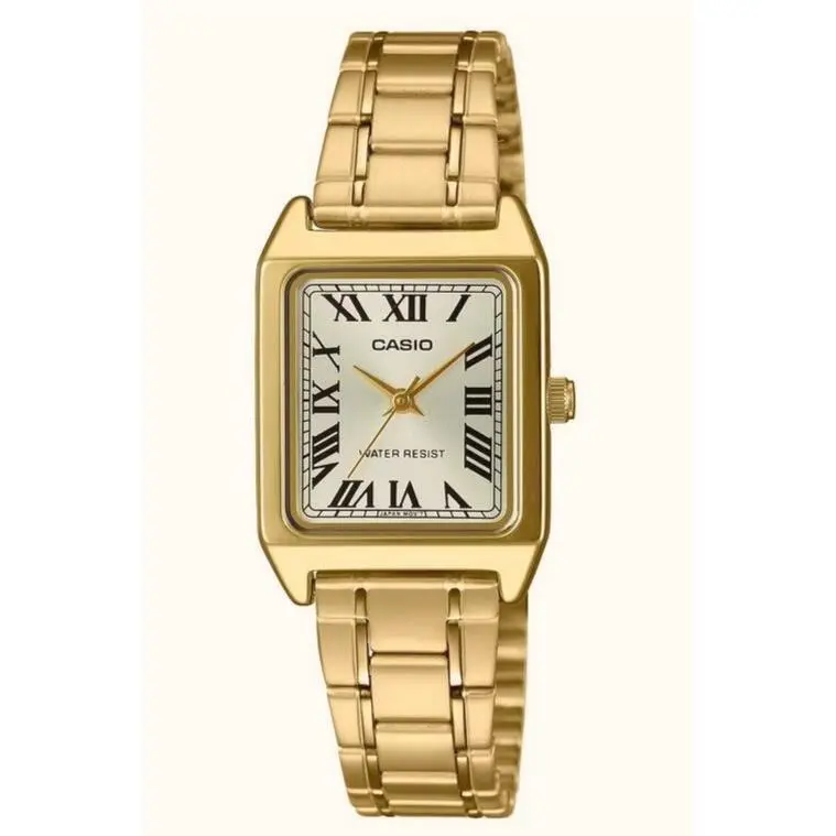 Casio Rectangular Elegant Silver Dial Gold Tone Women`s Watch LTP-V007G-9B