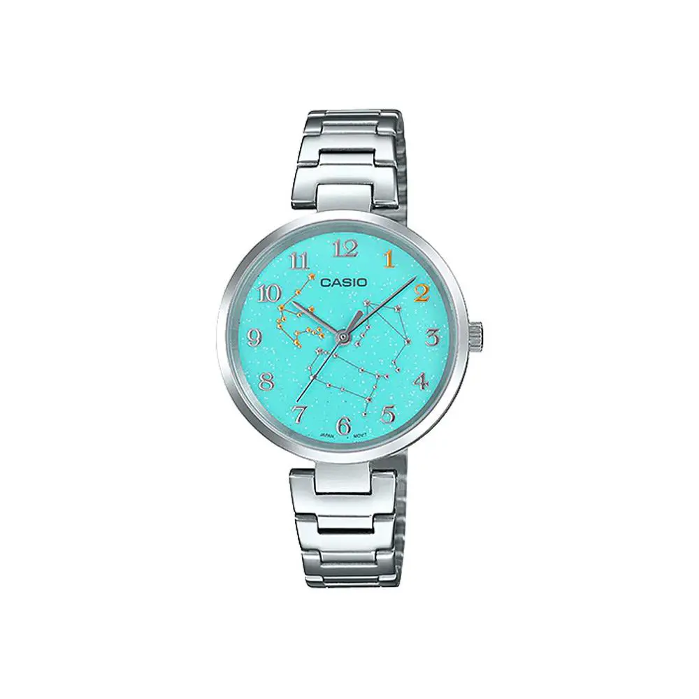 Casio LTP-E08D-3A Women`s Stainless Steel Green Aquarius Zodiac Motif Dial Watch