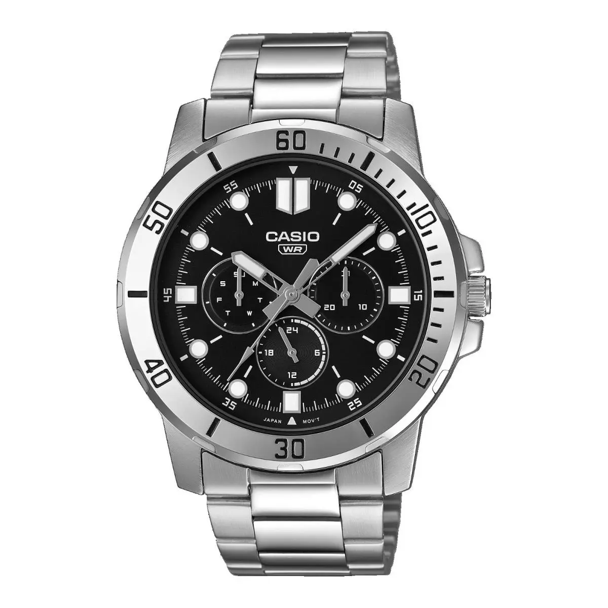 Casio MTP-VD300D-1E Men`s Stainless Steel Multi-function Black Dial Analog Watch - Dial: Black, Band: Silver, Bezel: Silver