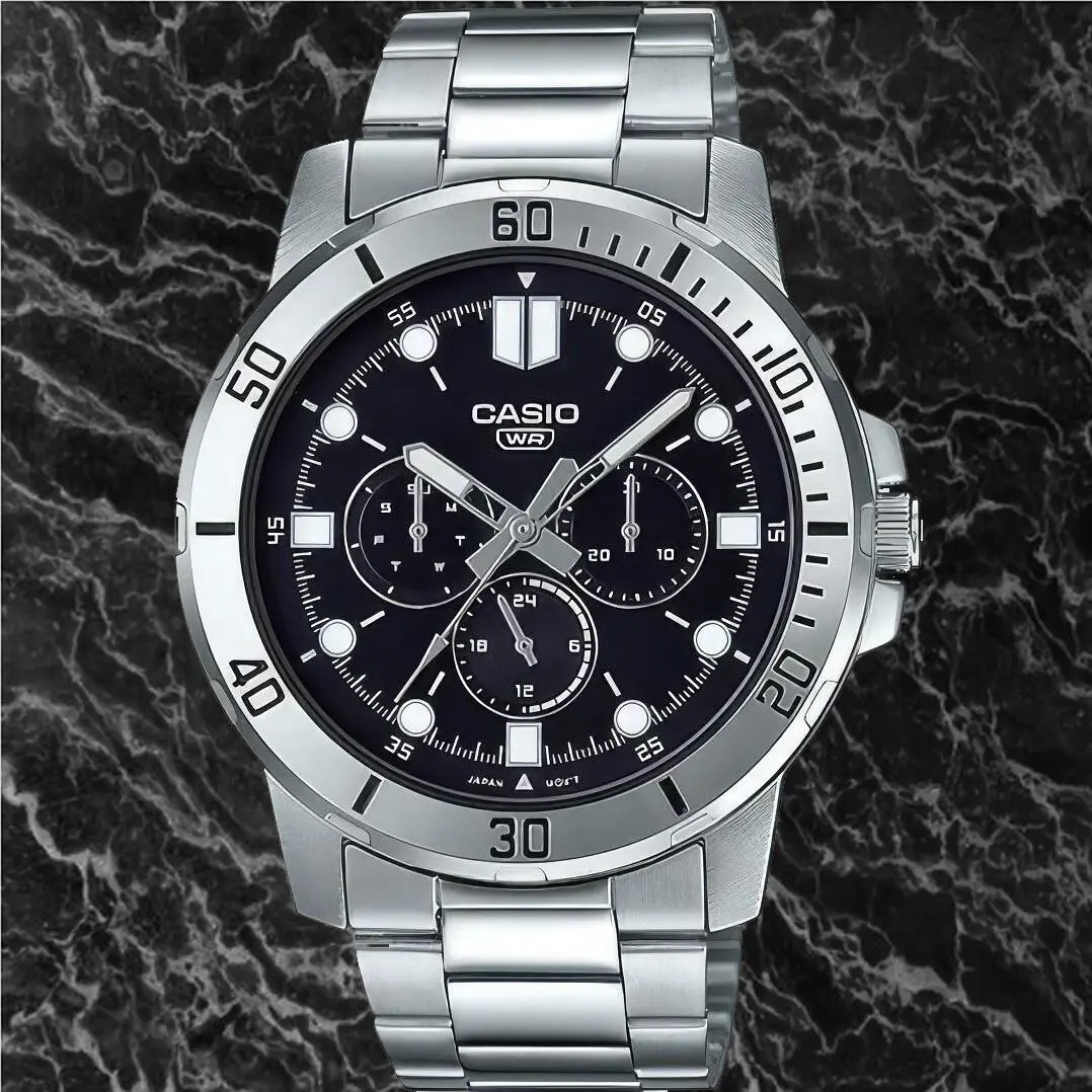 Casio MTP-VD300D-1E Men`s Black Dial Analog Watch Steel Band