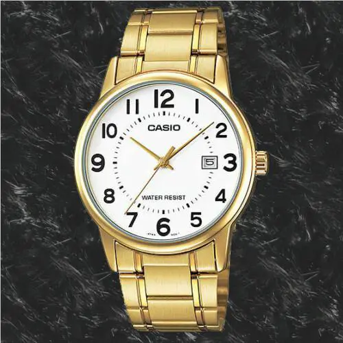 Casio Mens White Face Gold Analog Steel Band MTP-V002G-7B Date Fashion Watch