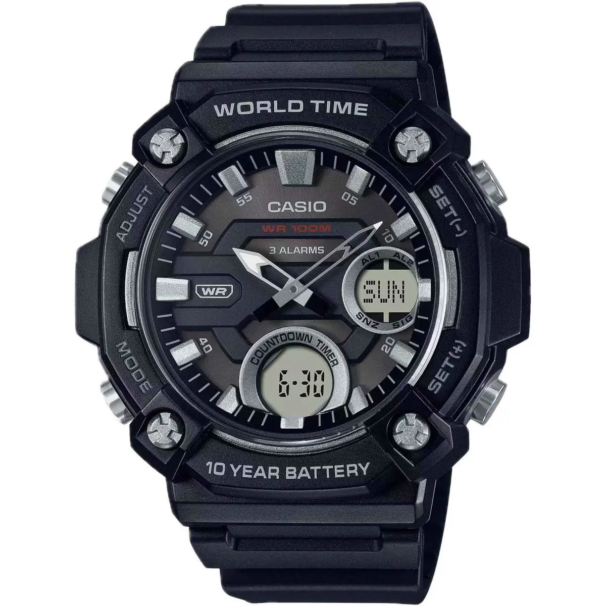 Casio Men`s Watch World Time Black and Grey Ana-digi Dial Strap AEQ-120W-1AVCF - Dial: Black, Grey, Band: Black