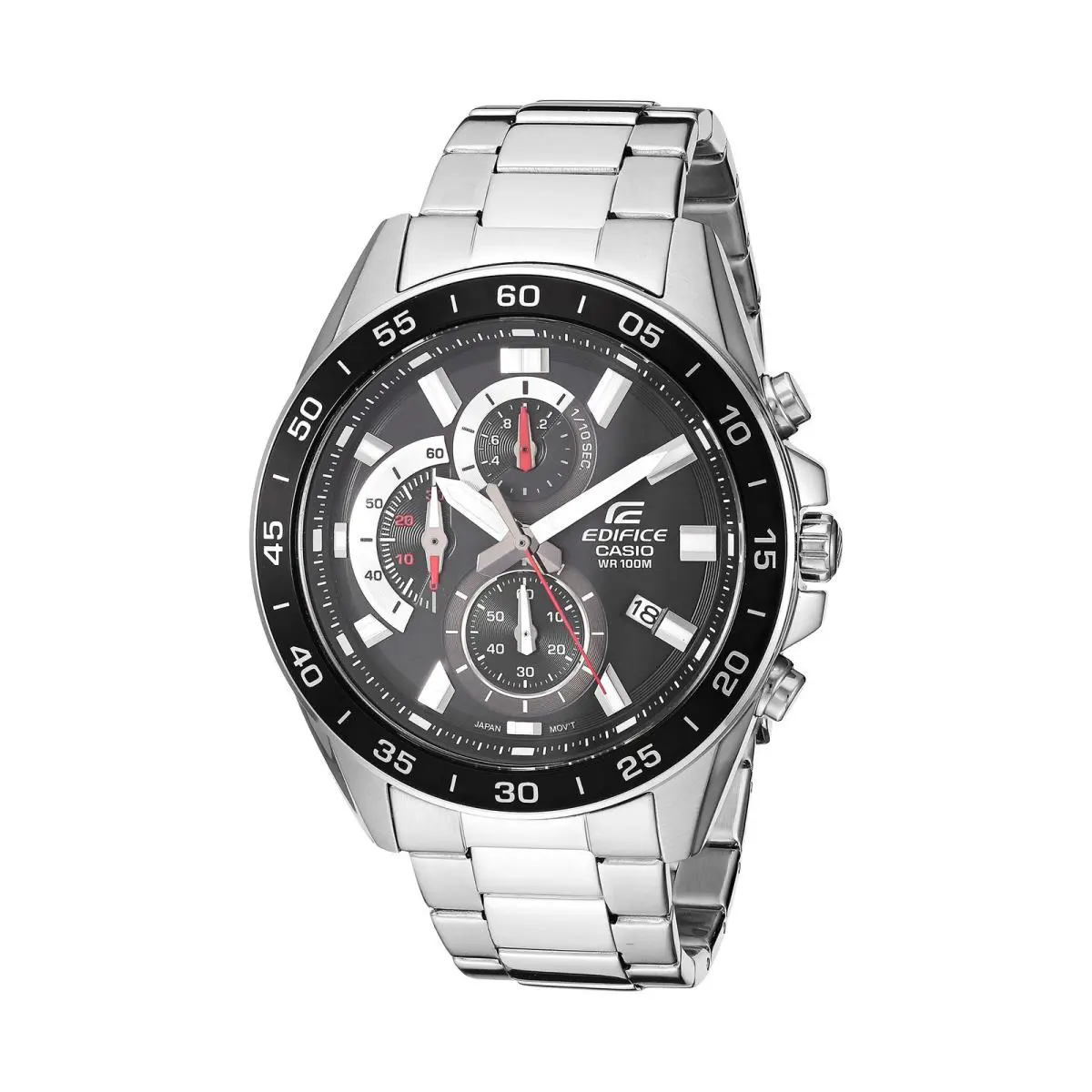 Casio Men`s EFV-550D-1AVUDF Edifice Analog Display Quartz Silver Watch - Dial: Black, Band: Silver