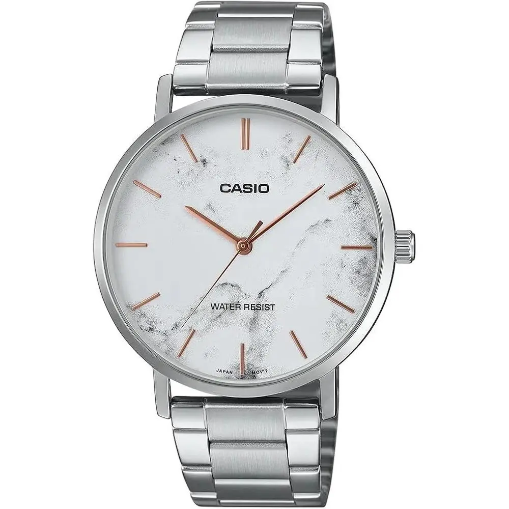 Casio MTP-VT01DM-7A Men’s Analog Watch White Marble Dial Silver Steel + Box