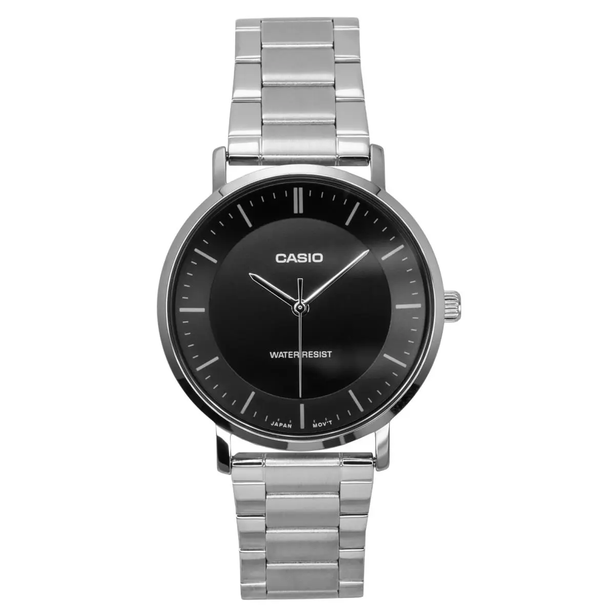 Casio Standard Analog Stainless Steel Black Dial Quartz MTP-VT04D-1E Men`s Watch - Dial: Black, Band: Silver, Bezel: Silver