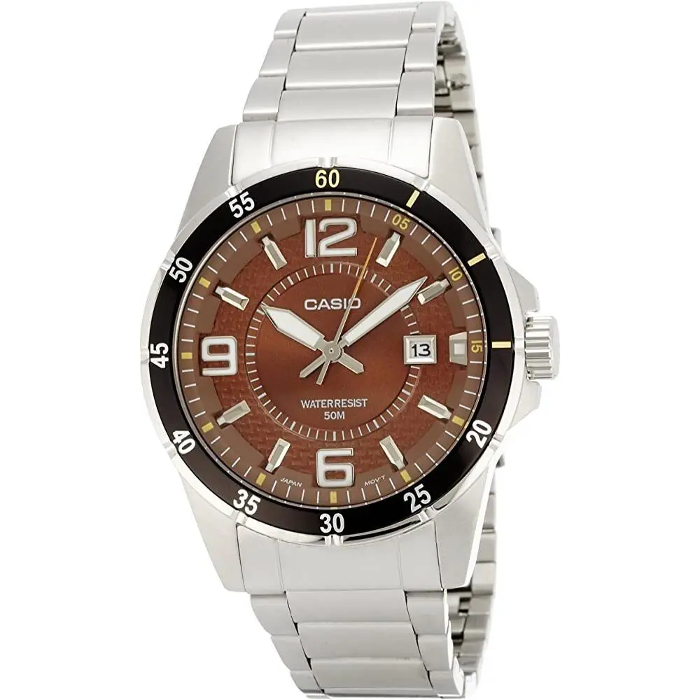 Casio Men MTP1291D-5A Brown Face Large Analog Dial 50Meter Water Resistant Watch - Dial: Red, Band: Black