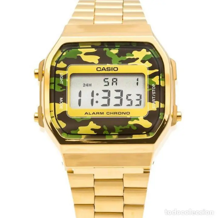 Casio A168WEGC-3 Men`s Gold Stainless Steel Camouflage Watch Digital Alarm