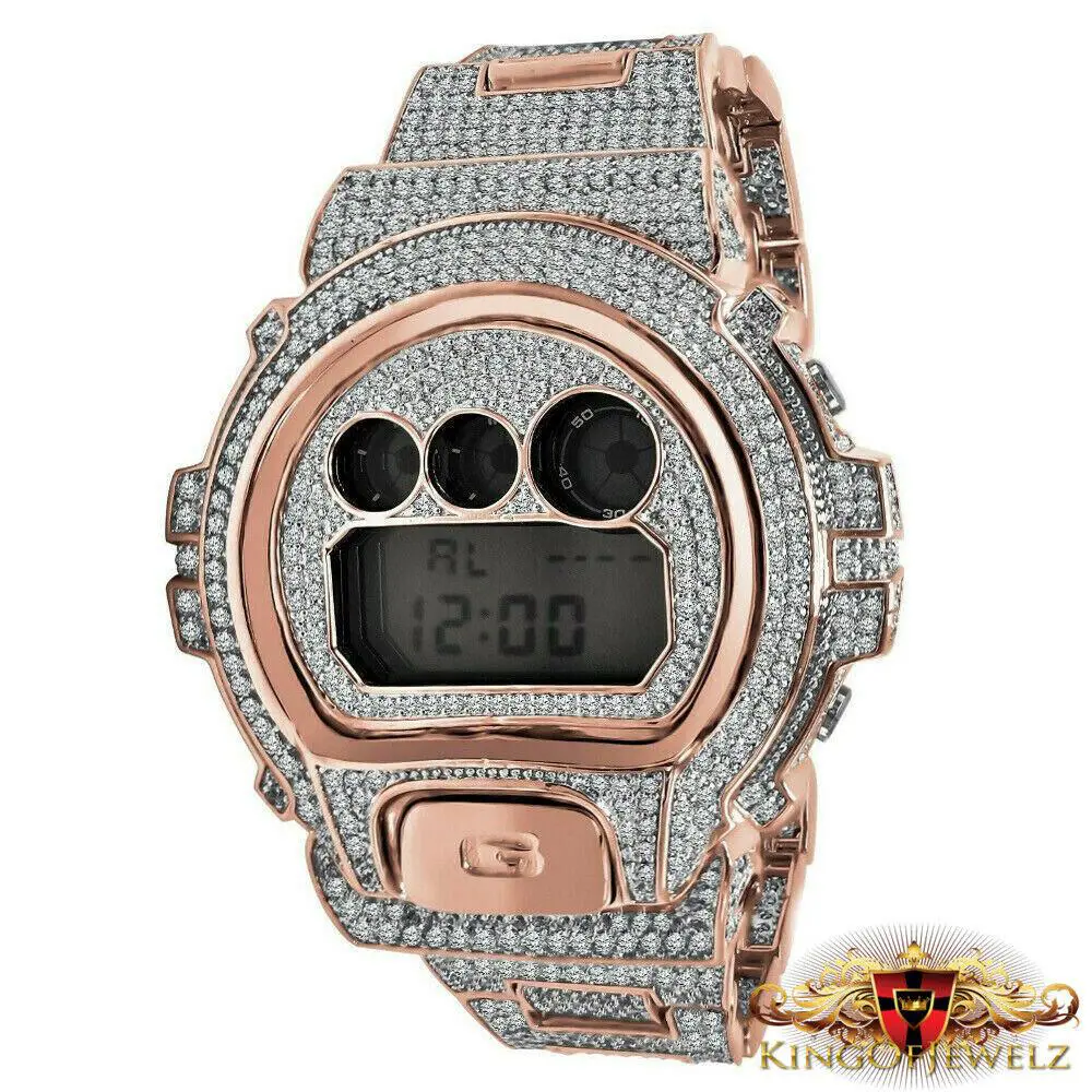 Rose Gold 2 Tone Finish Custom G Shock DW 6900 Simulated Diamond Watch by Casio