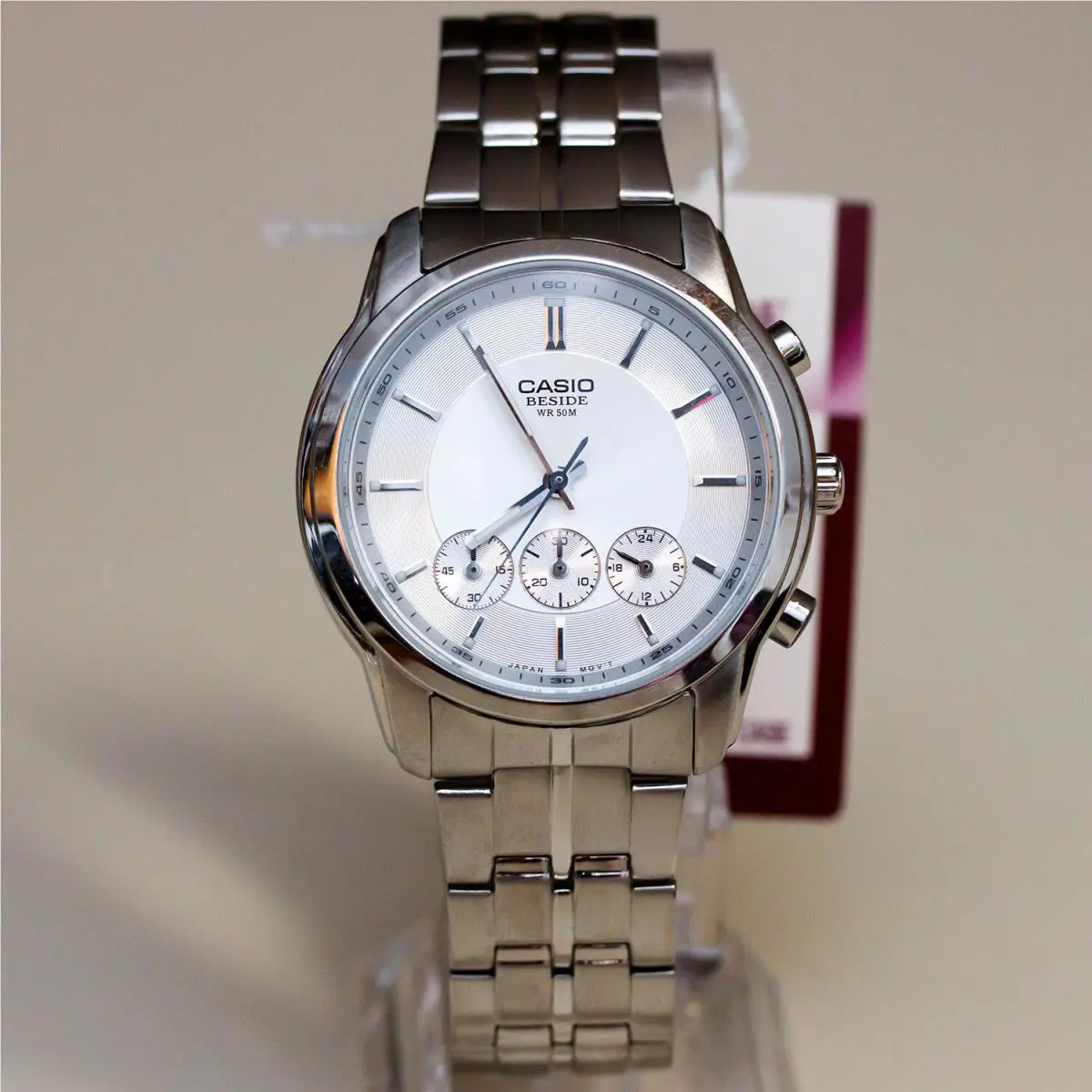 Casio Beside BEM-504D-7A Mens Silver Chronograph Watch 3-Dials Stainless Steel