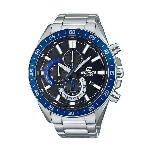 Casio Edifice EFV620D-1A2 Chronograph Stainless Steel Blue Bezel Men`s Watch - Dial: Black, Band: Silver, Bezel: Blue