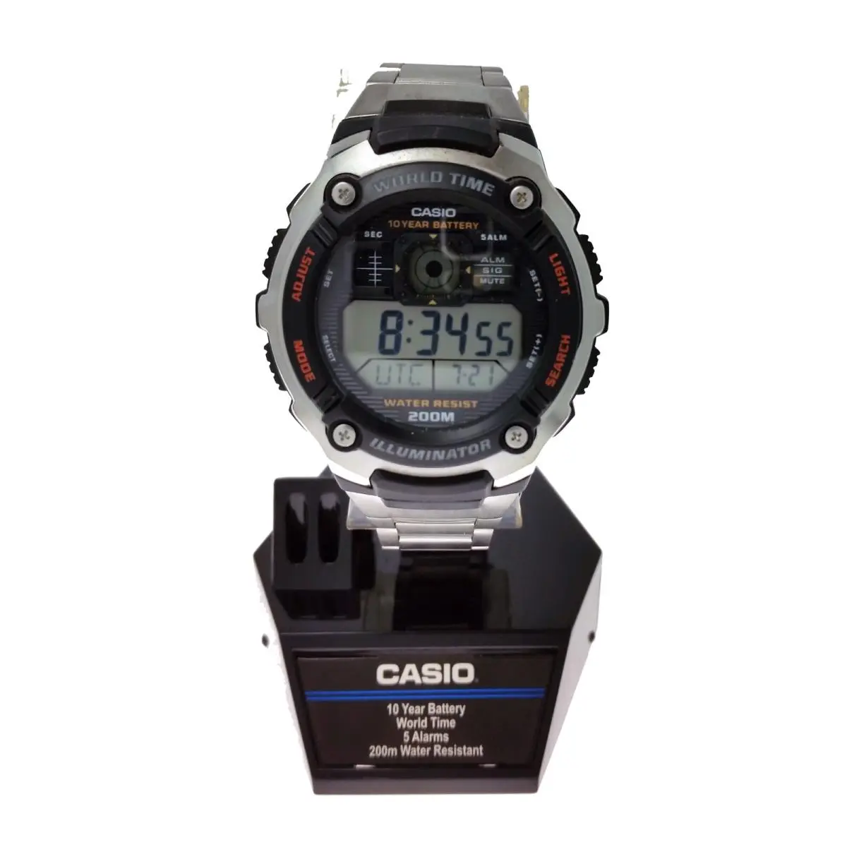 Casio Men`s Watch AE2000WD 1A World Time S. Steel Band 200Meter W-r Wristwatch - Dial: Gray, Band: Silver, Bezel: Black