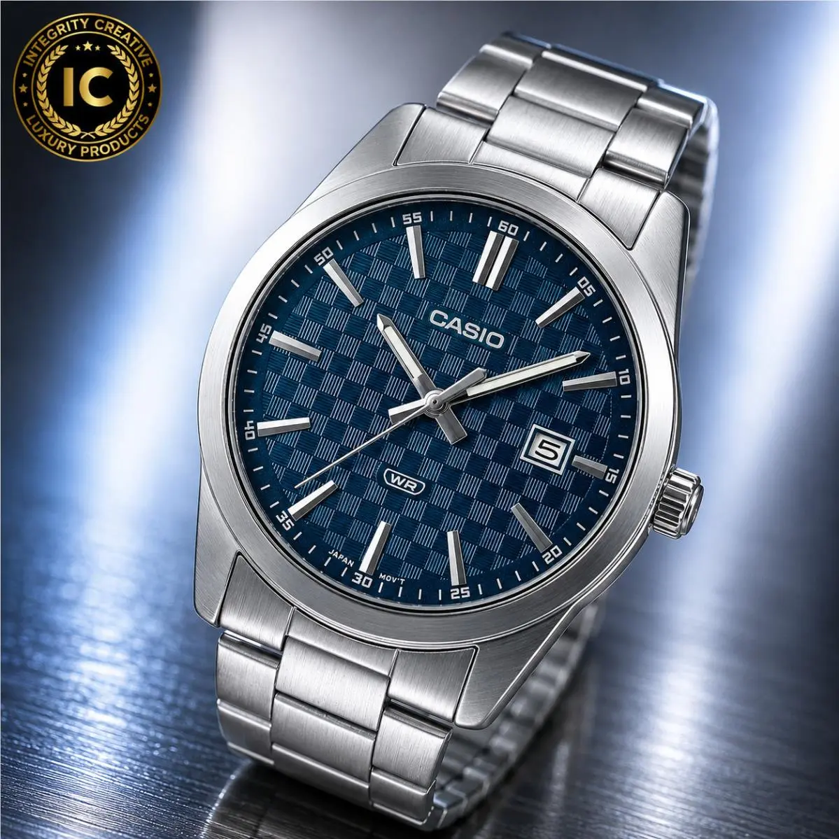 Men`s Classic  Watch Stainless Steel Bracelet Date Checkered Blue Dial by Casio