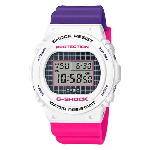 Casio G-shock 90`S Throwback Colors Pink Purple Digital Watch DW5700THB-7 - Dial: Gray, Band: Pink, Purple, Bezel: White
