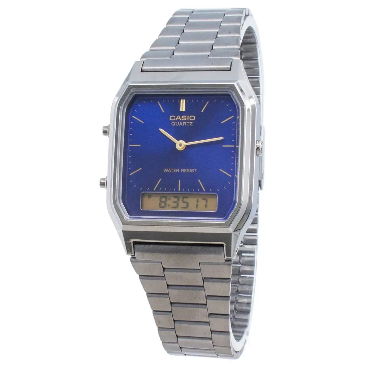 Casio Grey Blue Stainless Steel Retro Digital Analog Dual Time Watch AQ-230GG-2A - Dial: Blue, Band: Gray