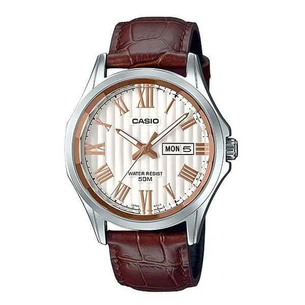 Casio MTP-E131LY-7AVDF Analog White Dial Brown Leather Casual Men`s Watch