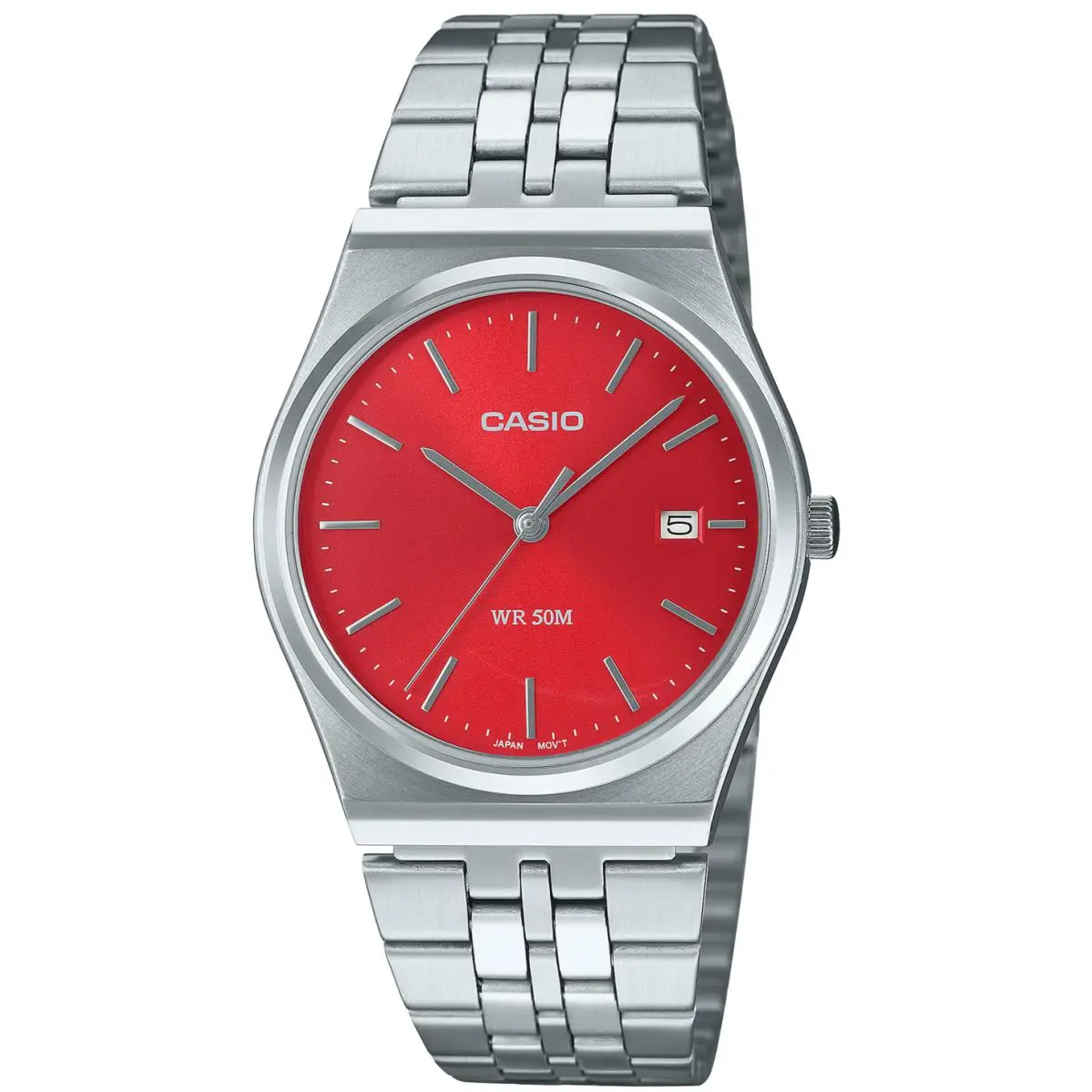 Casio MTP-B145D-4A2V Retro Minimalist Analog Date 50M Water Resistant Steel Case - Dial: Red, Band: Silver, Bezel: Silver