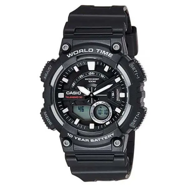 Men`s AEQ110W-1A World Time Telememo Black and White Sport Watch by Casio