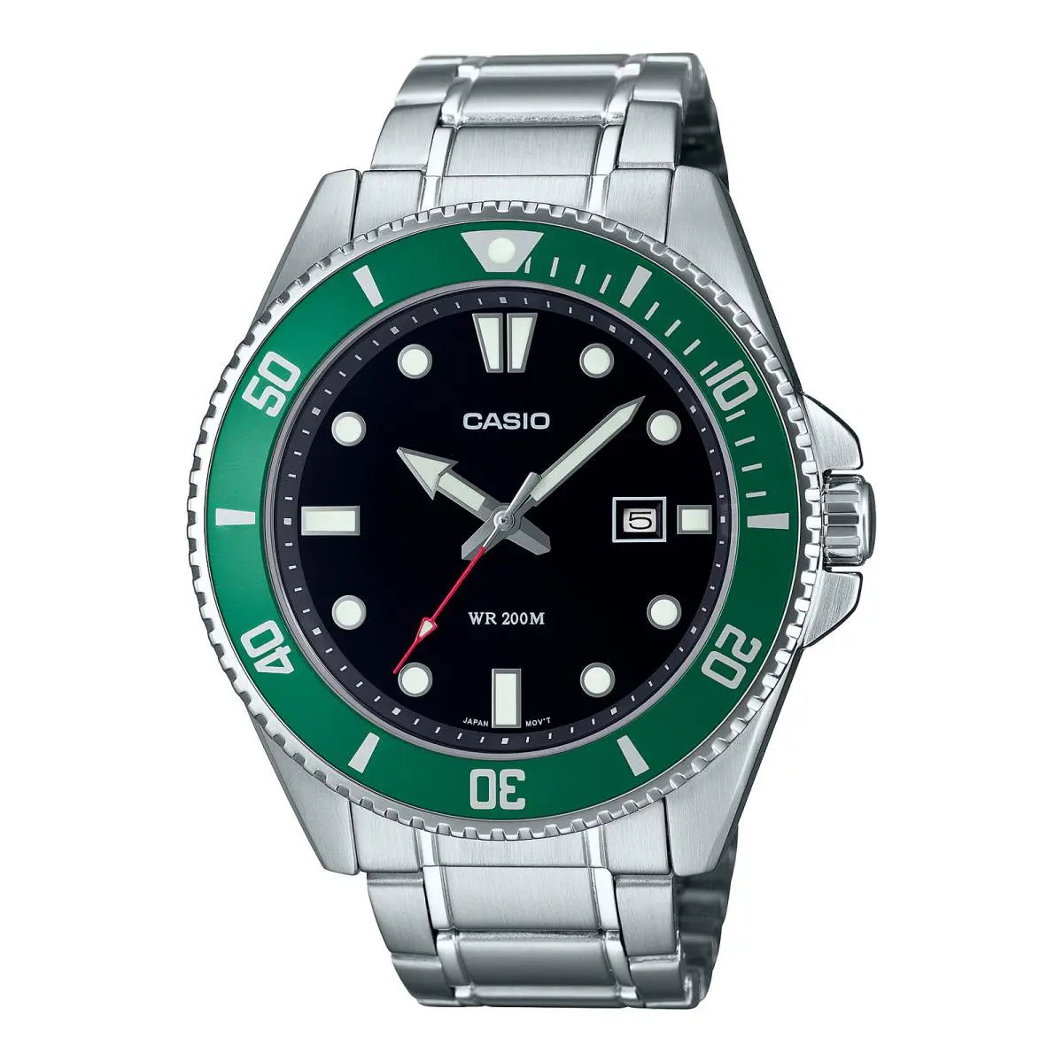 Casio MDV107D-3A Divers 200M WR Green Bezel Stainless Steel Watch