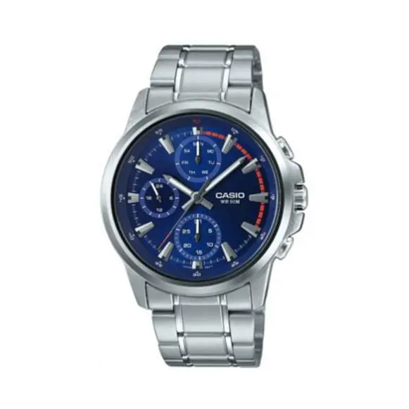 Casio Men`s Water Resistant Silver Color Analog Wrist Watch MTP-E317D-2AVDF - Silver, Dial: Blue, Band: Silver