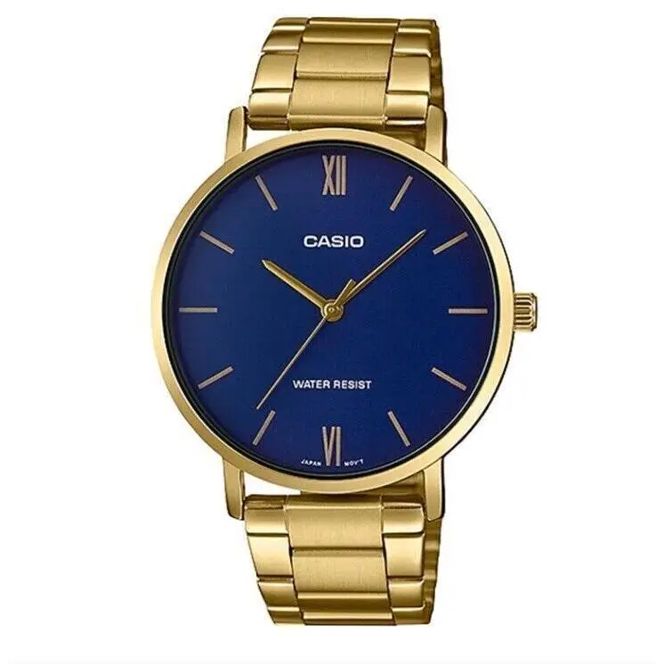 Casio MTP-VT01G-2B Analog Mens Watch Gold Stainless Steel MTPVT01 - Dial: Blue, Band: Gold