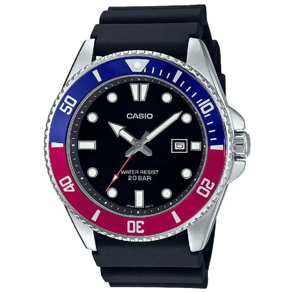 Casio MDV107-1A3V Men`s Diver`s Style 200 M Sports Pepsi MDV-107 Watch - Silver, Dial: Black, Band: Black