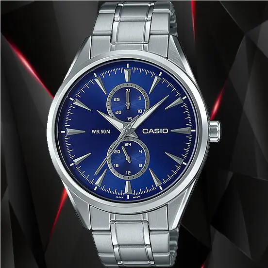 Casio MTP-SW340D-2A Blue Multi-hand Mens Stainless Steel Band Watch Model - Dial: Blue, Band: Silver