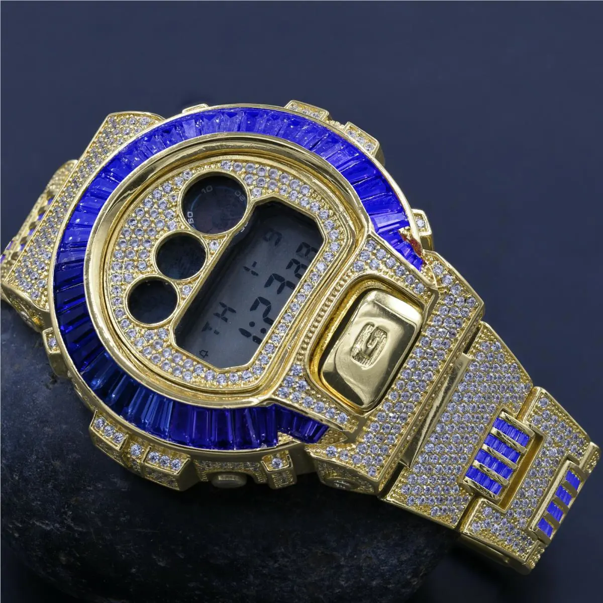Yellow Gold Tone Blue Sapphire Baguette Simulated Diamond G-shock DW -6900 Watch by Casio