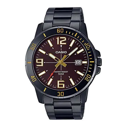 Casio Brown Dial Black Stainless Steel Men`s Analog Watch-MTP-VD01B-5BVUDF - Black, Dial: Brown, Band: Black
