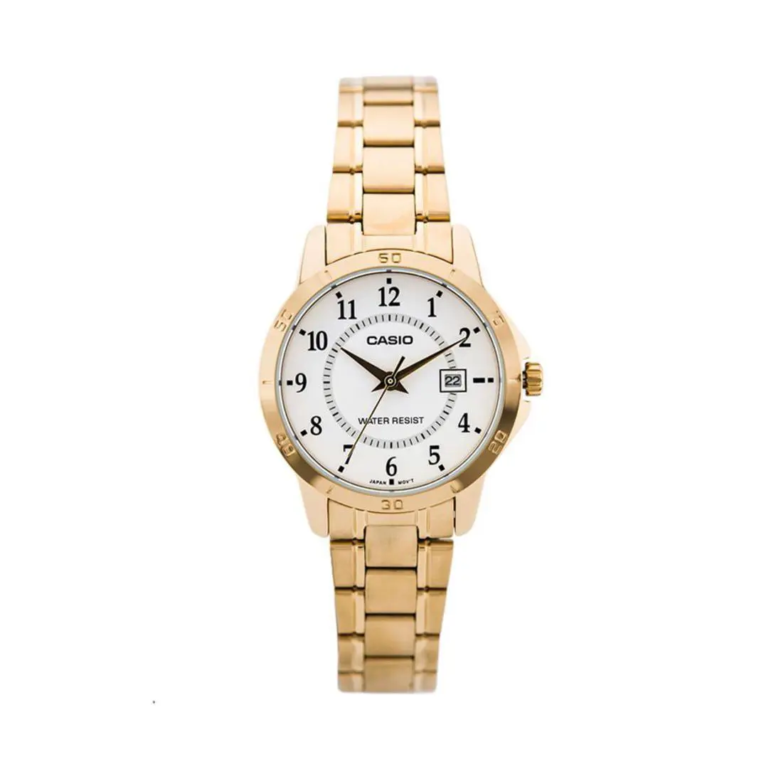 Casio Women`s LTP-V004G-7BUDF Gold Stainless Steel Band White Dial Analog Watch