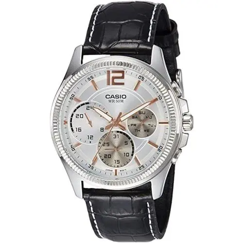 Men`s Casio Black Leather Belt Silver Dial Analog Round Watch MTP-E305L-7AVDF - Silver, Dial: Silver, Band: Black