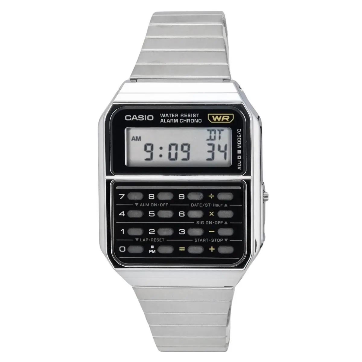 Casio Vintage Digital Calculator Stainless Steel Quartz CA-500WE-1A Men`s Watch - Dial: Black, Band: Silver, Bezel: No Bezel