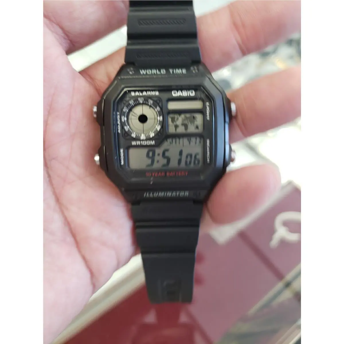Casio Illuminator 3299 AE-1200 World Time 5 Alarms WR 100M Black Resin Watch