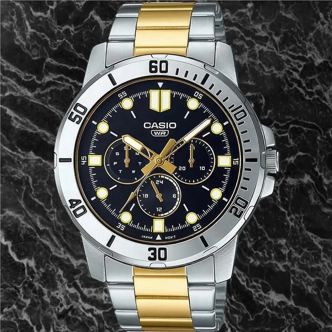 Men`s Analog Multi Hands Two-tone Stainless Steel Band Watch MTPVD300SG-1E by Casio