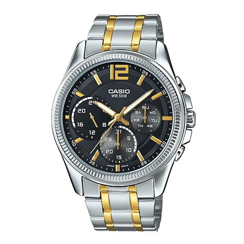 Casio Men`s Black Dial Stainless Steel Band MTP-E305SG-1AVDF Analog Watch - Black, Dial: Black, Band: Gold, Silver
