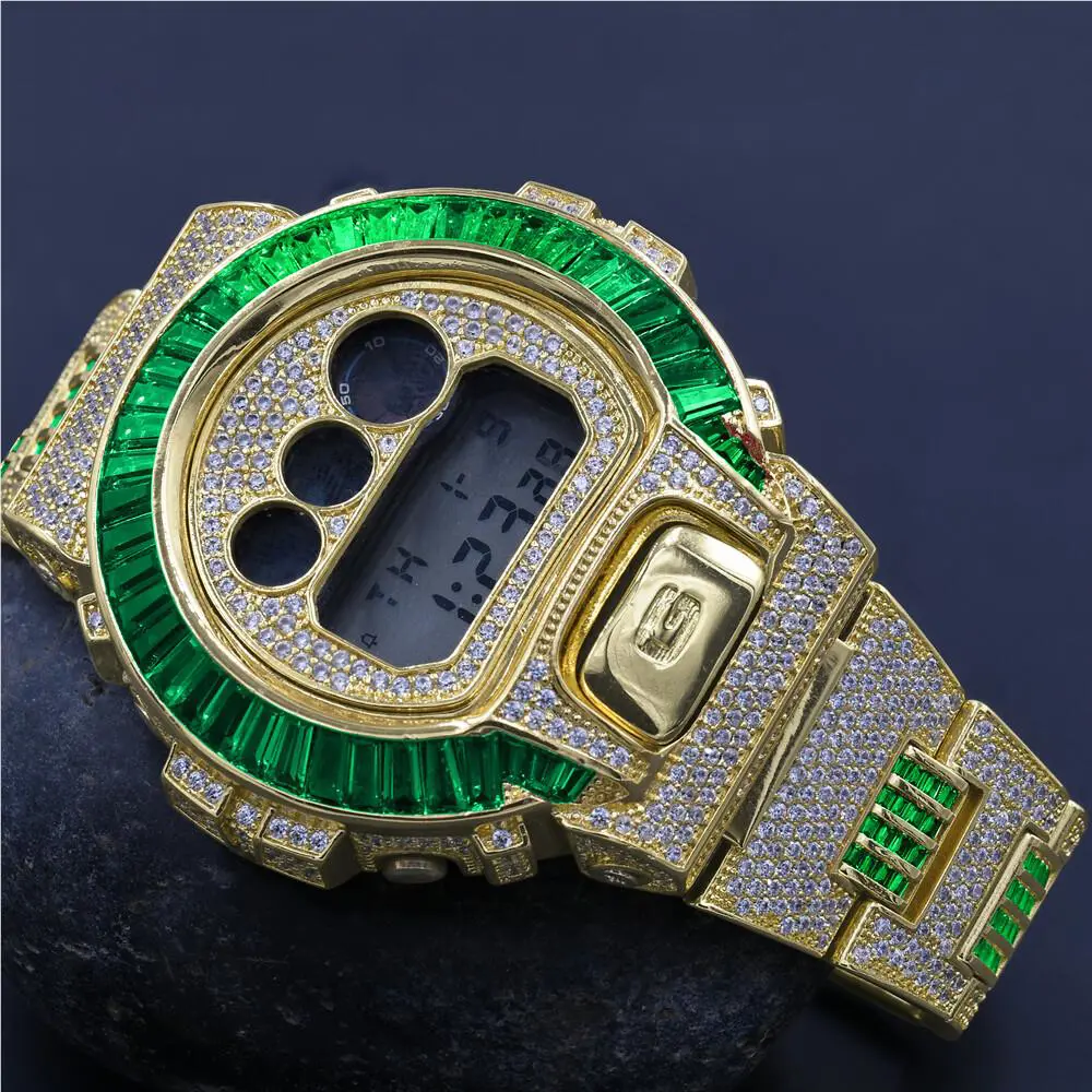 Gold 2 Tone Green Emerald Baguette Round Simulated Diamond G-shock DW 6900 Watch by Casio