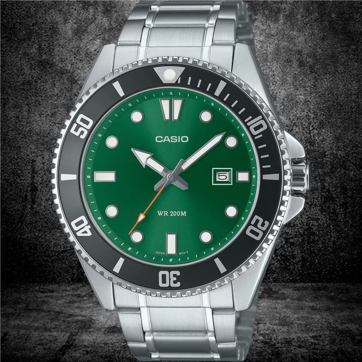 Casio MDV107D-3A2 Men`s Green Duro 200M Watch Diver Modern Analog Steel - Dial: Black, Band: Black, Bezel: Silver