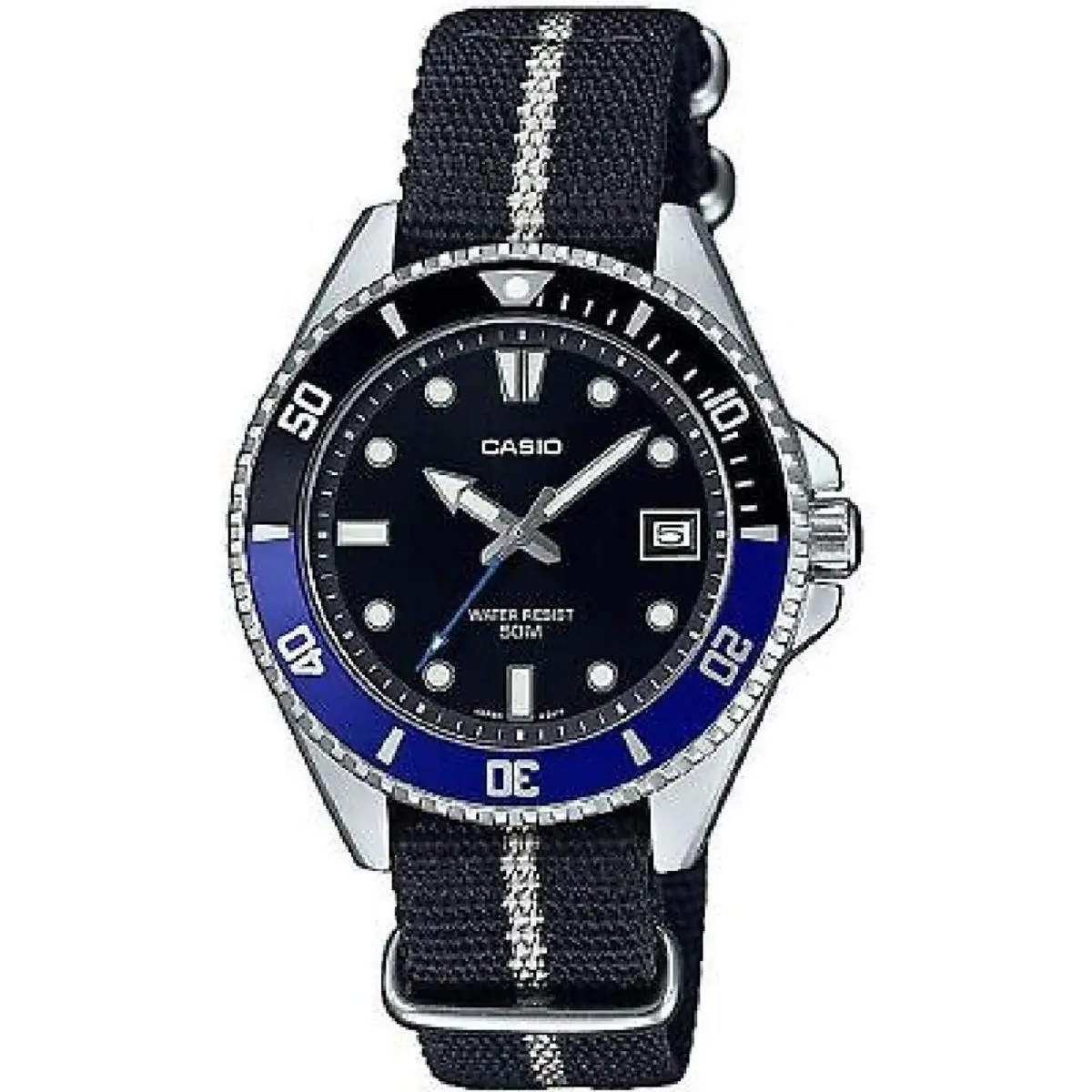 Casio MDV10C-1A2 Men`s Diver`s Style Black and White Fabric Strap Watch