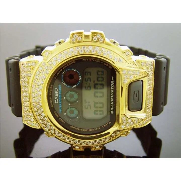 Men`s Casio G Shock High-quality CZ White Crystal Watch Yellow Case Blackface