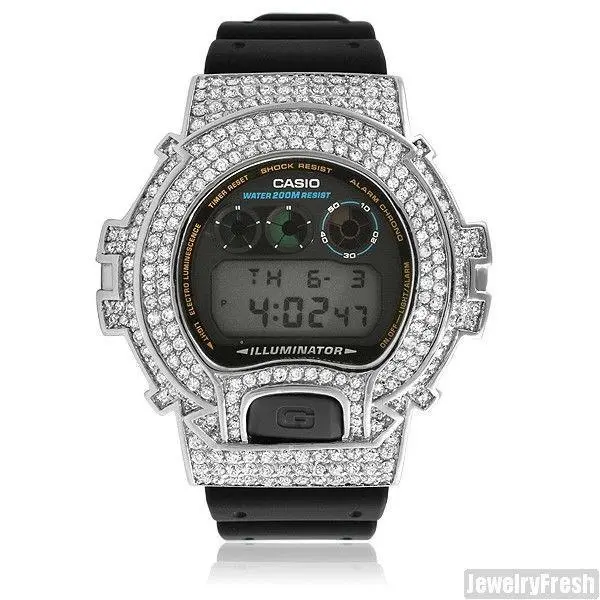 White Gold Finish Iced Out Custom G Shock Watch DW6900 by Casio