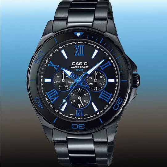 Casio MTD-1075BK-1A2 Mens Black Stainless Steel Watch 100M WR Luxury Sports