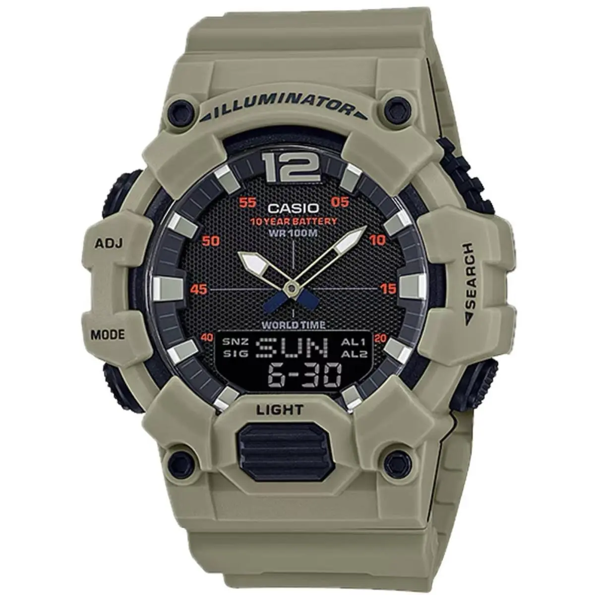 Casio Men`s Watch World Time Black Analog-digital Dial Green Strap HDC-700-3A3V - Dial: Beige, Black, Band: Beige, Bezel: Multicolor