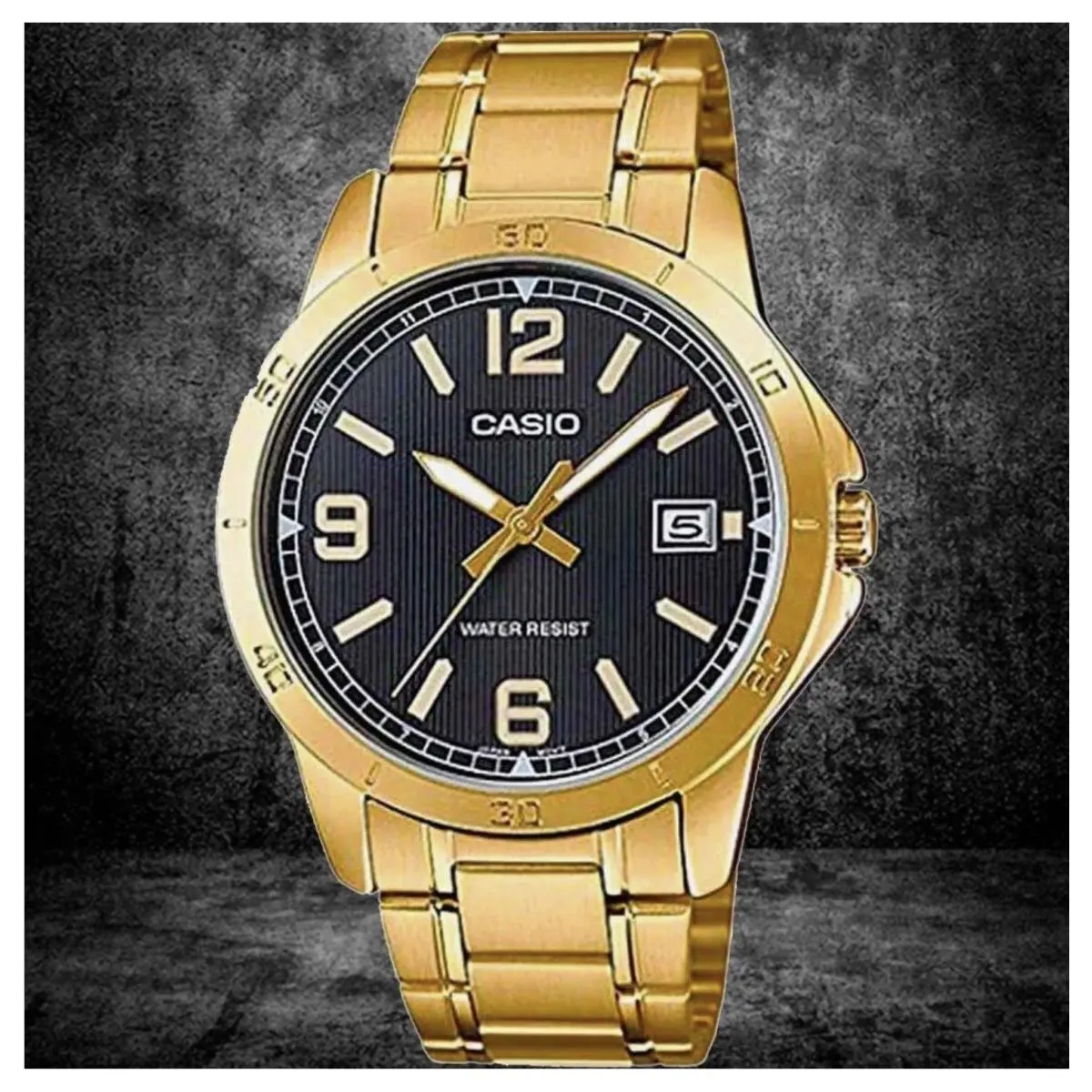 Casio MTP-V004G-1B Men`s Black Analog Gold Watch Stainless Steel Band Date - Dial: Black, Band: Gold, Bezel: Silver