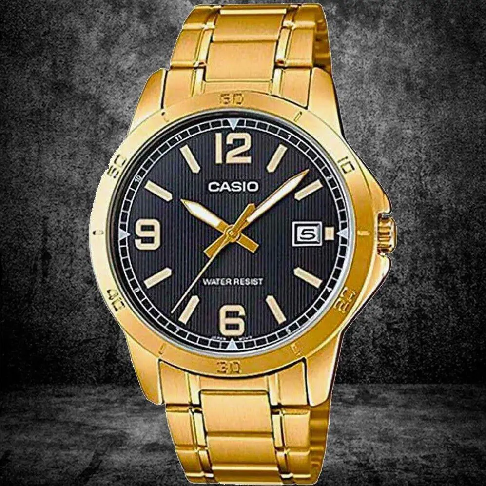 Casio MTP-V004G-1B Men`s Black Analog Gold Watch Stainless Steel Band Date - Dial: Black, Band: Gold, Bezel: Silver