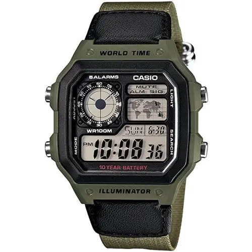 Casio AE1200WHB-3B Men`s Illuminator Digital Multi-mission Watch - Dial: Clear, Band: Black, Green, Bezel: Black