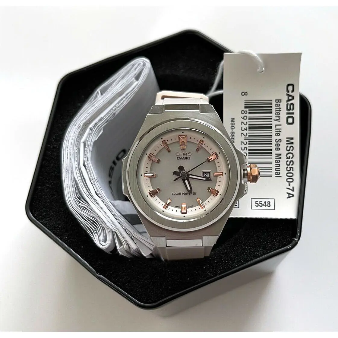 Casio Women`s MSGS500-7A Analog Watch Rose Silver/white Solar Powered New/// - Dial: Silver, Band: Pink