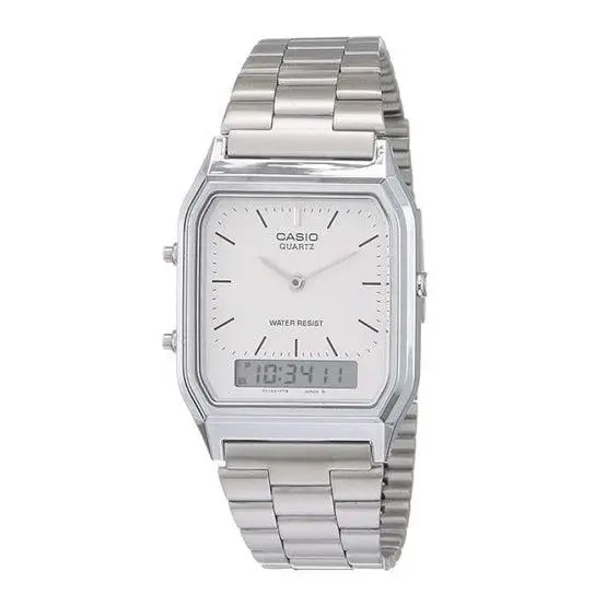 AQ-230A-7D Silver Core White Dual Time Stainless Steel Band Watch by Casio