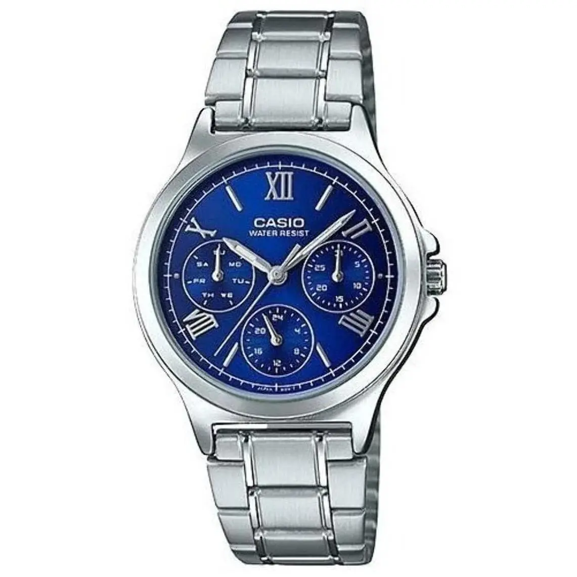 Casio LTP-V300D-2A2 Women`s Silver Stainless Steel Watch Blue Dial Multi-dial