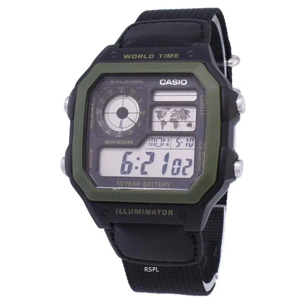 Casio AE1200WHB-1B Men`s Watch Digital Illuminator World Time Cloth Band - Dial: Clear, Band: Black, Bezel: Green